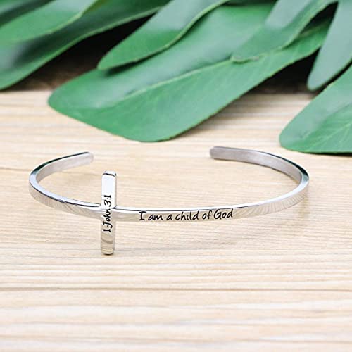Memgift 𝐂𝐫𝐨𝐬𝐬 𝐁𝐫𝐚𝐜𝐞𝐥𝐞𝐭 Religious Cuff Bangle 𝐁𝐢𝐛𝐥𝐞 𝐕𝐞𝐫𝐬𝐞 Christian Gifts Jewelry for 𝐖𝐨𝐦𝐞𝐧 - style: Silver cuff-I am a child of god -1 John 3:1