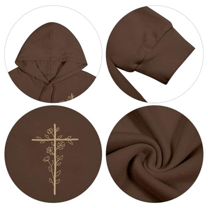 Christian Hoodies Women Jesus Hoodie Embroidered Faith Cross Sweatshirt - color: Brown, size: Large