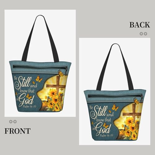 Christian Gifts Reusable Shopping Tote Bag Zippered Inspirational Tote Bags for Women Bible Verse Shoulder Bag - color: Sunflower