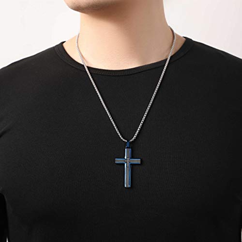 Men's Stainless Steel Cross Necklace,Two-Tone Black & Blue Carbon Fiber Pendant - Included Gift Box - style: Black & Blue XL002