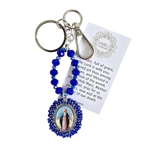 Sabeli Handmade Keychain Clip Holder - Catholic Rosary Bead Prayer - Religious Gifts Men Women - Llavero Catolico Regalo - color: Virgin Mary Royal Blue