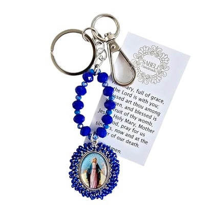 Sabeli Handmade Keychain Clip Holder - Catholic Rosary Bead Prayer - Religious Gifts Men Women - Llavero Catolico Regalo - color: Virgin Mary Royal Blue