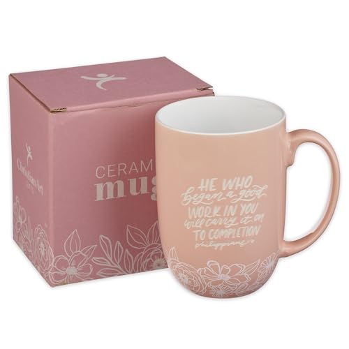 Christian Art Gifts Large Scripture Ceramic Novelty Coffee Mug for Women - color: Pink & White Floral/Began a Good Work