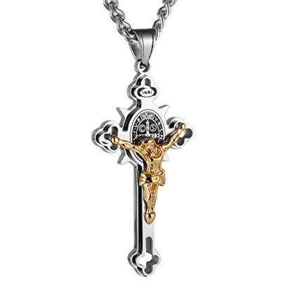 HZMAN Stainless Steel St. Benedict Crucifix Cross Necklace for Men - color: Large Silver & Gold