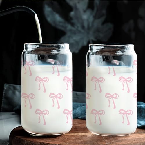 Pink Coquette Preppy Pink Bow Glass Coffee Cup With Lids And Straws 14oz,Pink Bow GiftsTrendy Glass Cup For Girls Bestfriend Sister Girlfriend - color: Pink Bow2