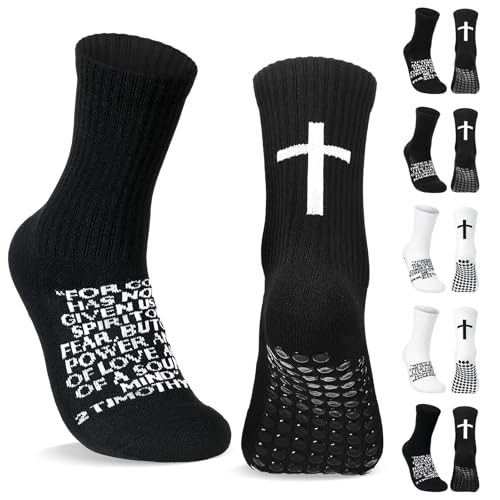 Glitopper Cross Grip Soccer Socks Anti Slip Christian Socks with Bible Verse Religious Grip Sports - color: Black, style: Timothy 1:7