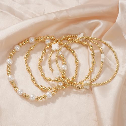 Gold Beaded Bracelets Stack for Women Stackable 14K Gold Plated Beads Ball Cross Bracelet Boho Christian Jewelry Faith Friendship Birthday Gifts for Women - color: Pearl
