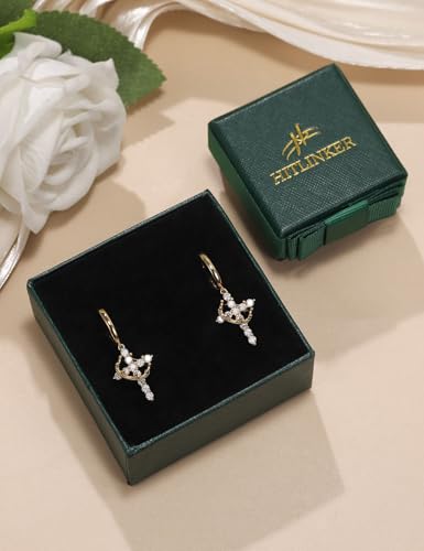 Moissanite Sterling Silver Cross Earrings for Women Huggie Drop - color: Cross Crown (Gold)