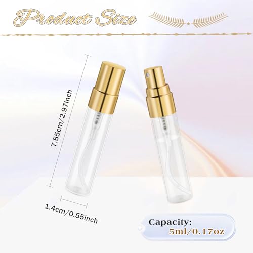 30 Pcs 5ml/0.17oz Mini Spray Bottle Glass Fine Mist Perfume Atomizer Empty Sample Containers with Golden Lids for Travel Cleaning Essential Oils - size: 5 ml