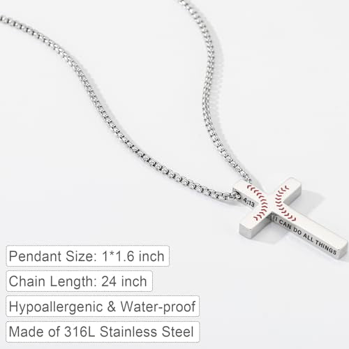 Baseball Bible Verse Cross Necklace for Boys Men, Stainless Steel Cross Pendant Baseball Game Day Christian Religious Jewelry Gifts for Teen Boys Kids - color: Silver, style: PHILIPPIANS 4:13
