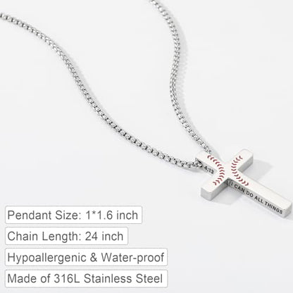 Baseball Bible Verse Cross Necklace for Boys Men, Stainless Steel Cross Pendant Baseball Game Day Christian Religious Jewelry Gifts for Teen Boys Kids - color: Silver, style: PHILIPPIANS 4:13