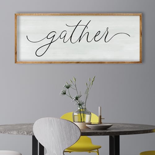 RLWangChao Dining Room Wall Decor Gather Sign 32"×12" for Home Kitchen Cozy Family Reunion Plaque Large Rustic Vintage minimalist Farmhouse Living Room Wood Framed Hanging Art (Wood) - color: Gather Sign (Wood), size: 32"L x 12"W