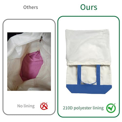 Extra Large Canvas Tote Bag with External Pocket, Reusable Grocery Shopping Bag with Waterproof Lining, Top Zipper