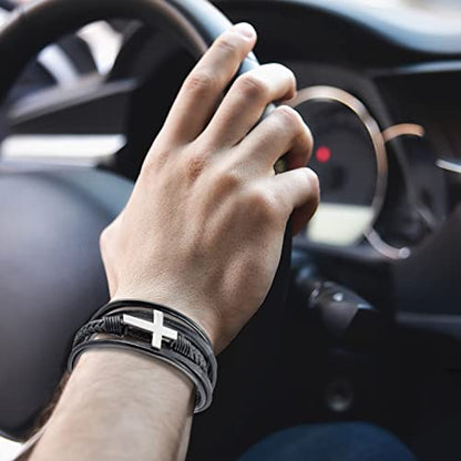 Fahonie Cross Leather Bracelet for Men Women 316L Stainless Steel with 18K Gold Plated Christ Jesus Multi-layer Handmade Christian Bracelet,7.5/8/9 Inches - color: Silver