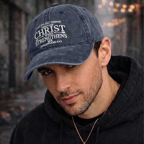 Fkatuzi Christian Hats for Men Women Jesus Faith Religious God Hat Vintage Cotton Embroidered Acid Wash Baseball Caps - color: Navy Blue