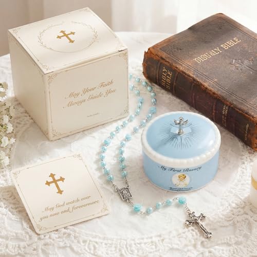 NORBU Baptism Gifts for Girl, My First Rosary with Ceramic Keepsake Box