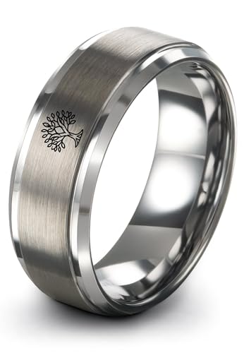 Gift for Spiritual Person - Tree Of Life Ring - Anniversary Wedding - Silver Yellow Rose Gold Gunmetal - Flat Dome Bevel - Personalized Custom Engraving - Band - Brushed Polished - 8mm - Men Women - T - color: 07 - Grey Tungsten