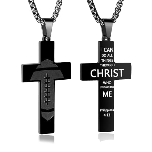 Football Cross Necklace, Black Cross Necklace for Dad Son Grandson - style: Philippians 4:13