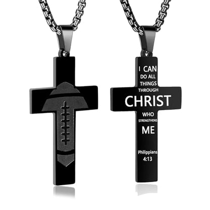 Football Cross Necklace, Black Cross Necklace for Dad Son Grandson - style: Philippians 4:13