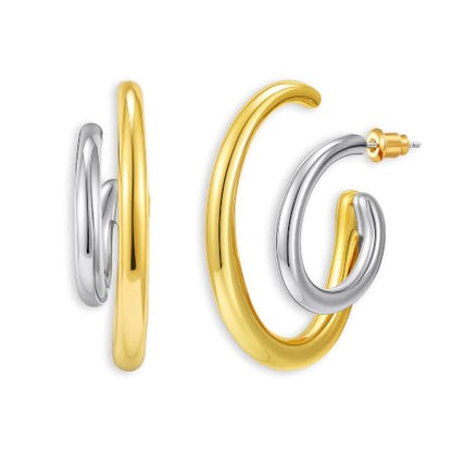 Two Tone Gold Silver Hoop Earrings Mixed Metal Open C Hoop Earrings - color: Double Hoop