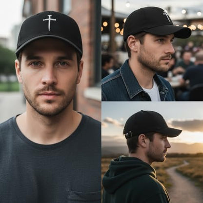 Three Nails Cross Christian Hats, Embroidered Baseball Caps for Adults - color: Black