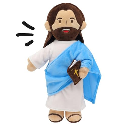 Yelakey Jesus Plush - 13.4“ Voice Jesus Plush Toy Speaking 20 Bible Verses and Singing 3 Bible Songs, Religious Stuffed Doll for Kids, Christian Easter Gift for Church and Sunday School - color: Brownblue