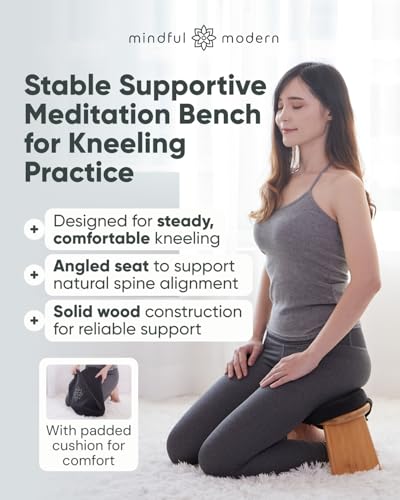 Mindful Modern Folding Meditation Bench - Bamboo Kneeling Stool w/Locking Magnetic Hinges - Prayer Kneeler Seiza Chair w/Soft Pillow & Travel Bag