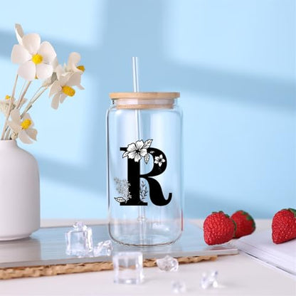 Monogrammed Initial Glass Cup Personalized Gifts for Women 16oz Initial Letter Glass Cups w/Lids Straws Birthday Valentine Mothers Day Gift for Her, R - color: Letter Cup-R