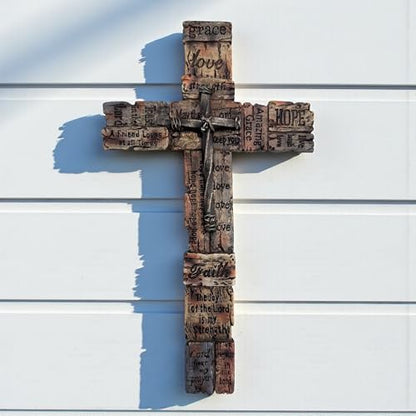 Top Brass Inspirational Rustic Wood-Look Wall Cross with Faux Iron Center – Resin Scripture Cross - Religious Sayings Jesus Art Sculpture