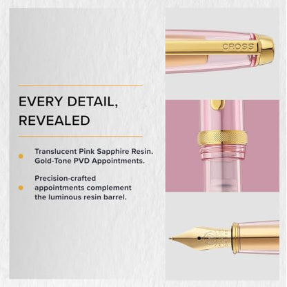 Cross Lume Translucent Translucent Pink Sapphire Resin Ballpoint Pen - Gold-Tone PVD Appointments - Black Fine-Tip Ballpoint - 0.27mm Line Width - Lifetime Mechanical Warranty - color: Pink