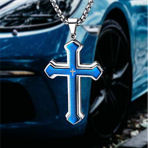 Cross Pendant for Car Rear View Mirror Hanging Charm Car Decor Mirror Accessories Ornament Auto Interior Jesus Cross Necklace with Lord's Prayer Men Christian Gift - color: Blue
