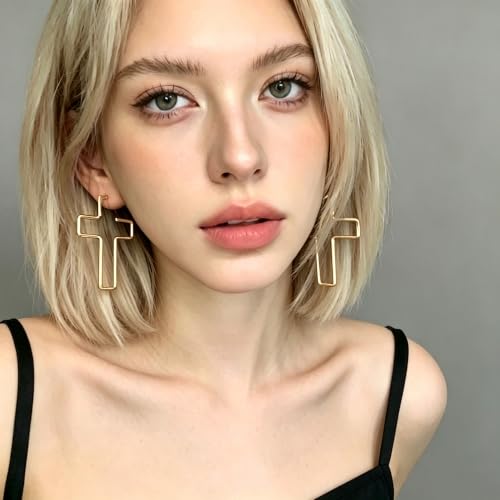 Cross Hoop Earrings for Women Trendy Large Cross Rhinestone Sparkly Hoop Earings Prom Wedding Party Formal Jewelry - color: gold R4