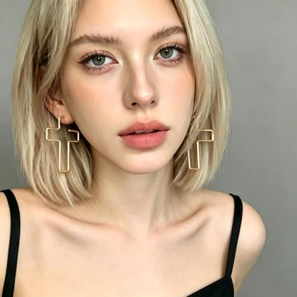 Cross Hoop Earrings for Women Trendy Large Cross Rhinestone Sparkly Hoop Earings Prom Wedding Party Formal Jewelry - color: gold R4
