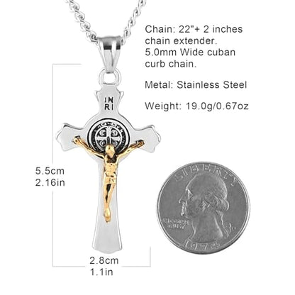 HZMAN Stainless Steel St. Benedict Crucifix Cross Necklace for Men - color: Standard Gold & Silver