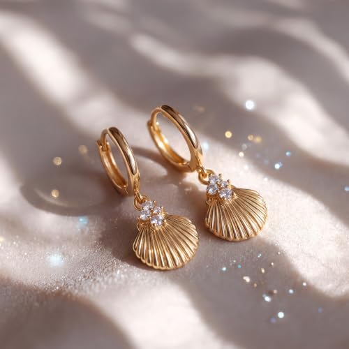 VACRONA Gold Heart Hoop Earrings Huggie Earrings for Women 14k Gold Plated Small Hoops Earrings - color: Scallop-Shell-Gold