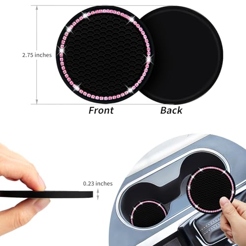Senose Car Coasters, Bling Car Accessories for Women, Black Pink, 2 Pack