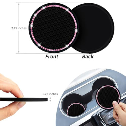 Senose Car Coasters, Bling Car Accessories for Women, Black Pink, 2 Pack