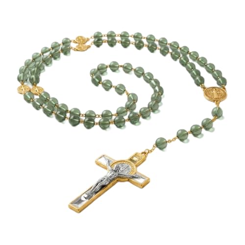 RUDELL Rosary Beads Catholic for Women - Rosary Necklace for Women with Pearl Beads - Medal Cross Saint Benedict Rosary for Men - Prayer Rosarios Catolicos Jewelry Gift - color: Green