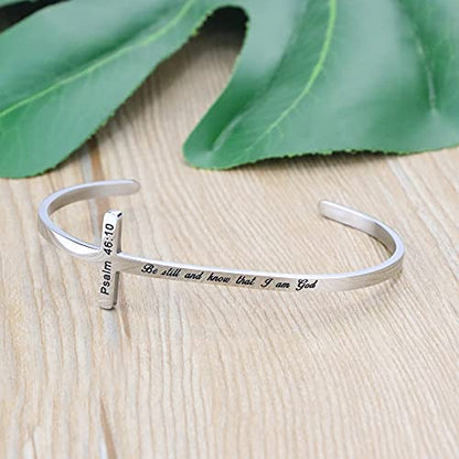 Memgift 𝐂𝐫𝐨𝐬𝐬 𝐁𝐫𝐚𝐜𝐞𝐥𝐞𝐭 Religious Cuff Bangle 𝐁𝐢𝐛𝐥𝐞 𝐕𝐞𝐫𝐬𝐞 Christian Gifts Jewelry for 𝐖𝐨𝐦𝐞𝐧 - style: Silver cuff-Be still and know that I am God -Psalm 46:10