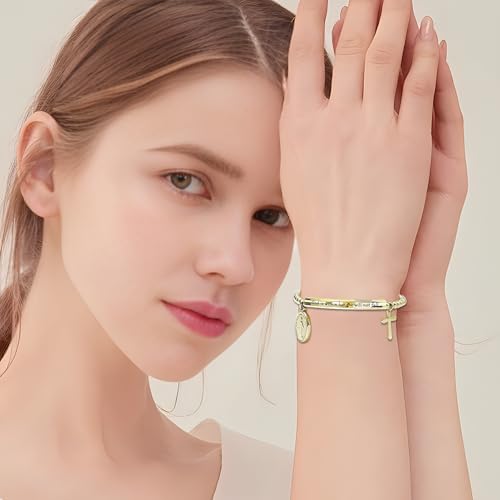 DS Women Christian Charm Bracelet,Cross Scripture Stainless Steel Jewelry - style: God is Within Her She Will Not Fall-Gold