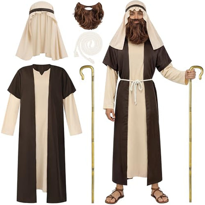 SOMSOC Mens Biblical Saint Joseph Sherherd Costume Jesus Robe Costume Beard Staffs Headwrap Hat Waist Rope Set - size: X-Large