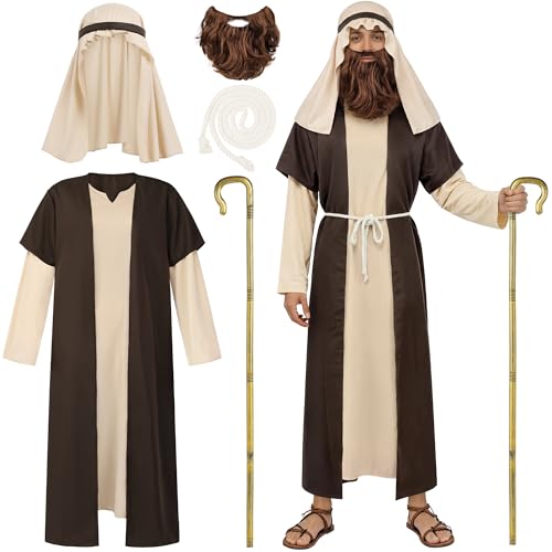 SOMSOC Mens Biblical Saint Joseph Sherherd Costume Jesus Robe Costume Beard Staffs Headwrap Hat Waist Rope Set - size: Small