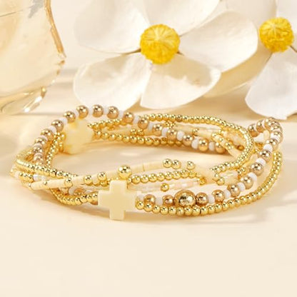 Gold Beaded Bracelets Stack for Women Stackable 14K Gold Plated Beads Ball Cross Bracelet Boho Christian Jewelry Faith Friendship Birthday Gifts for Women - color: Yellow