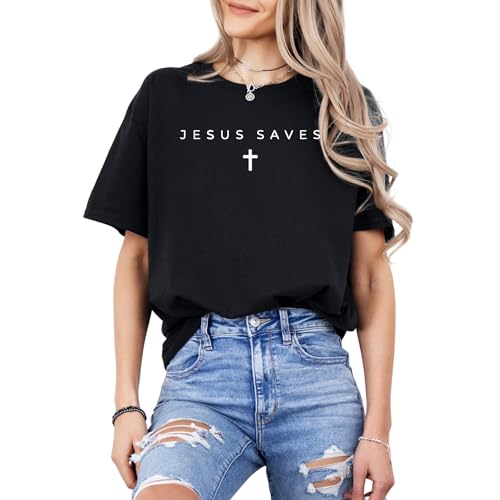 Jesus Saves Christian T-Shirt – Minimalist Faith-Based Cross Tee – Inspirational Religious Shirt for Believers - color: Black, size: Medium