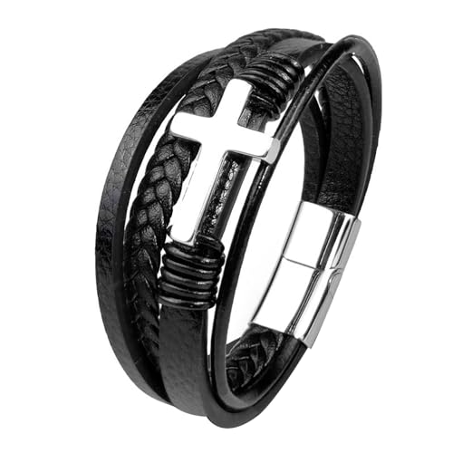 Mens Brown Leather Bracelet Multi-Layer Braided Leather Cross Bracelet Religious Confirmation Gifts - color: Black Leather Silver Cross