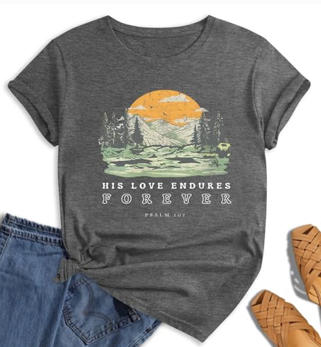 Christian Shirts for Women：Bible Verse T-Shirts Jesus God Faith Floral Graphic Vintage Boho Tees Short Sleeve Tops - color: Darkgrey Mountain, size: X-Large