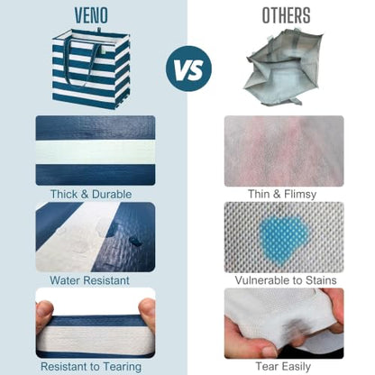 VENO 4 Pack Large Grocery Bag Reusable Shopping Bags with Hard Bottom - color: Classic Navy Stripe