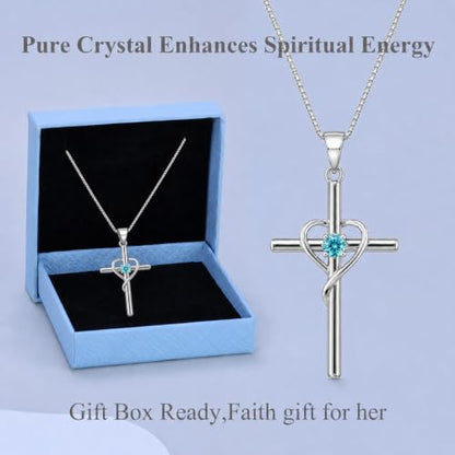 Cross Heart Necklace, 18K Gold Plated Crystal Pendant for Women - color: White-Light Turquoise