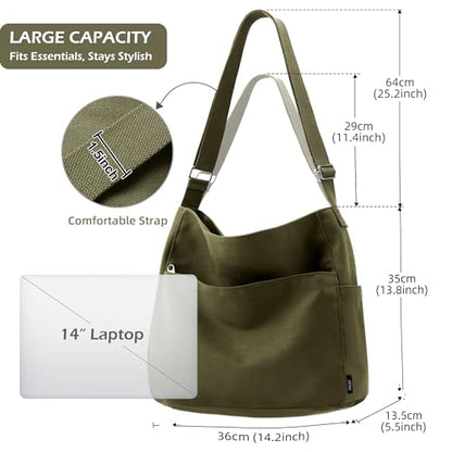 KALIDI Canvas Tote Bag Zipper Large Crossbody Shoulder Bag Messenger Bag - color: Army Green