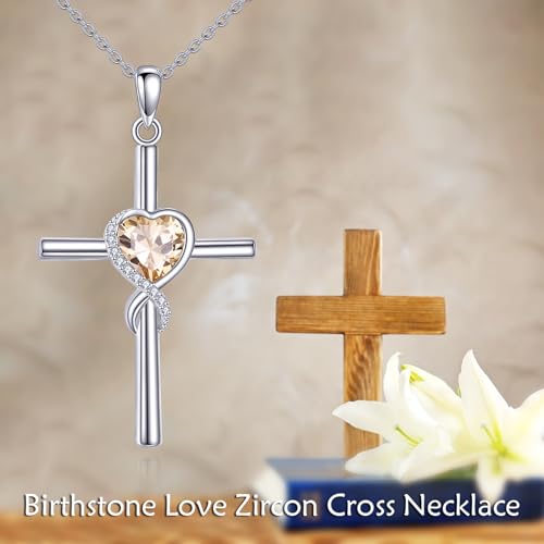 S925 Sterling Silver Cross Necklace for Women Birthstone Necklace Heart Infinity Cross Pendant Necklace Christmas Valentines Day Gifts Birthday Holiday Gifts for Her, 18"+2" Inches - color: 11-Nov Birthstone - Citrine